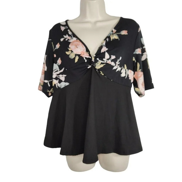 Shein Curve Black Pink Floral Peplum Top Vneck Women Plus Size 0XL Short Sleeve - Picture 2 of 7